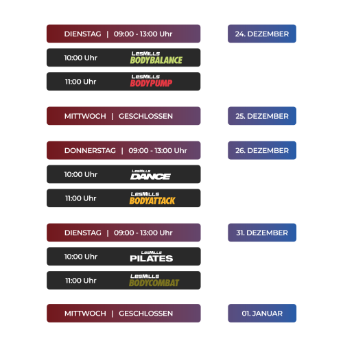 Lifesports - Unsere Öffnungszeiten an Weihnachten und Neujahr